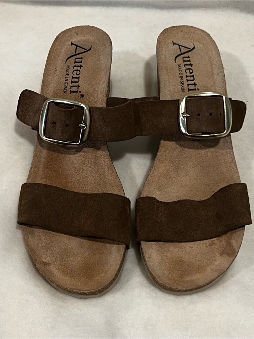 Authentic Brown Suede Double-Strap Buckle Mules